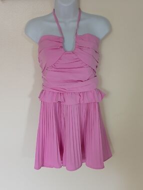 Pink Halter Pleated Ruffle Mini Dress